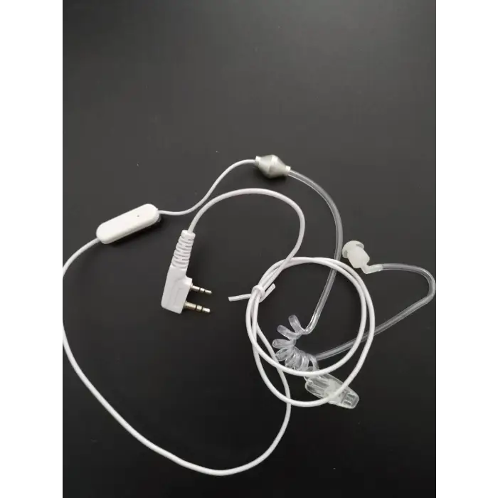 White wired walkie-talkie earpiece with clear acoustic tube.