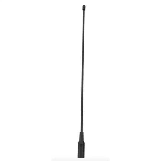 A black, flexible whip antenna with a screw-on base.