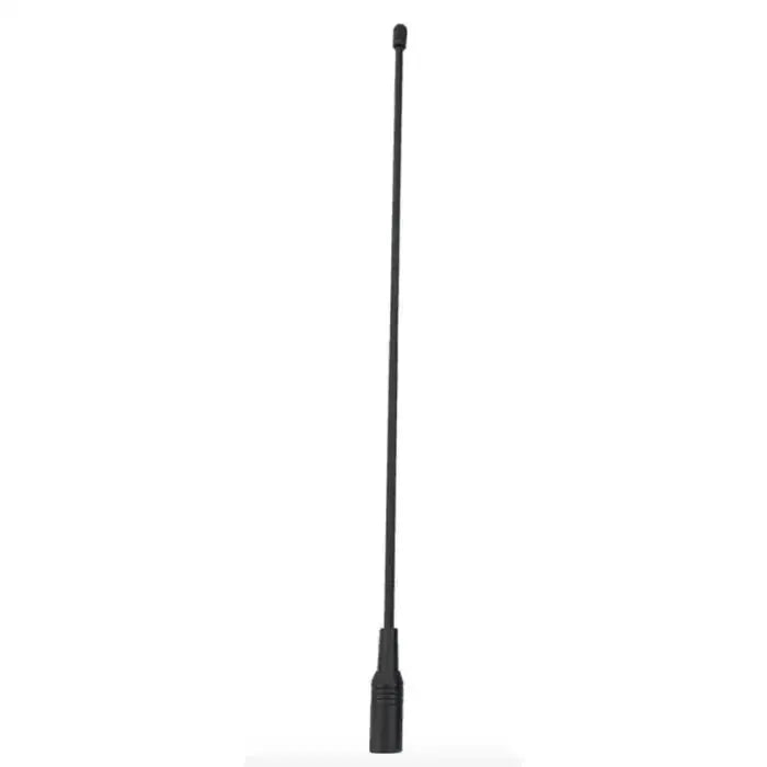A black, flexible whip antenna with a screw-on base.