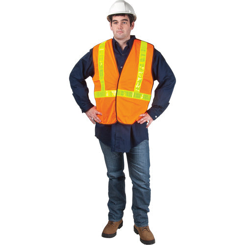 An orange high-visibility vest with reflective yellow stripes.