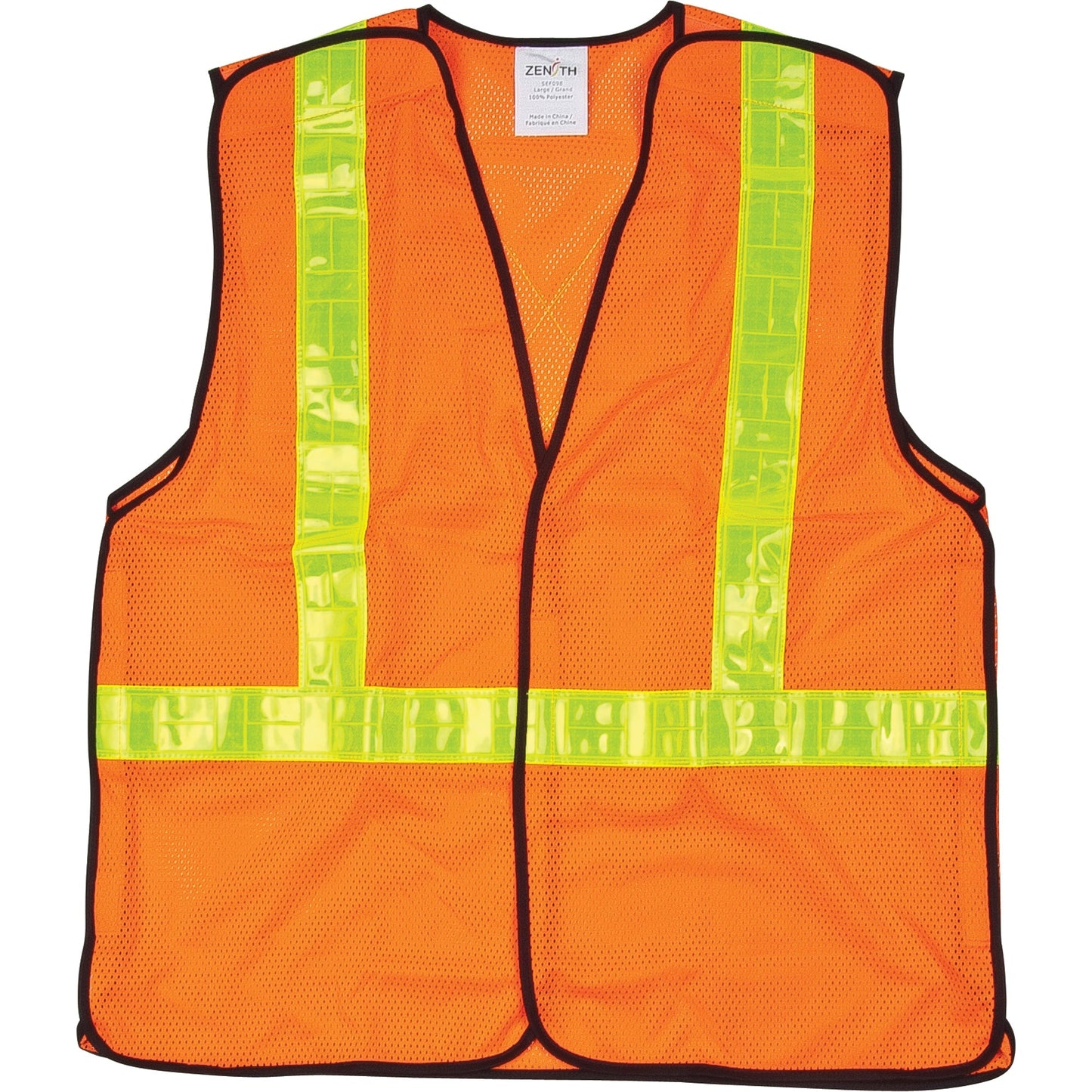 Orange mesh safety vest with reflective yellow stripes and black trim.