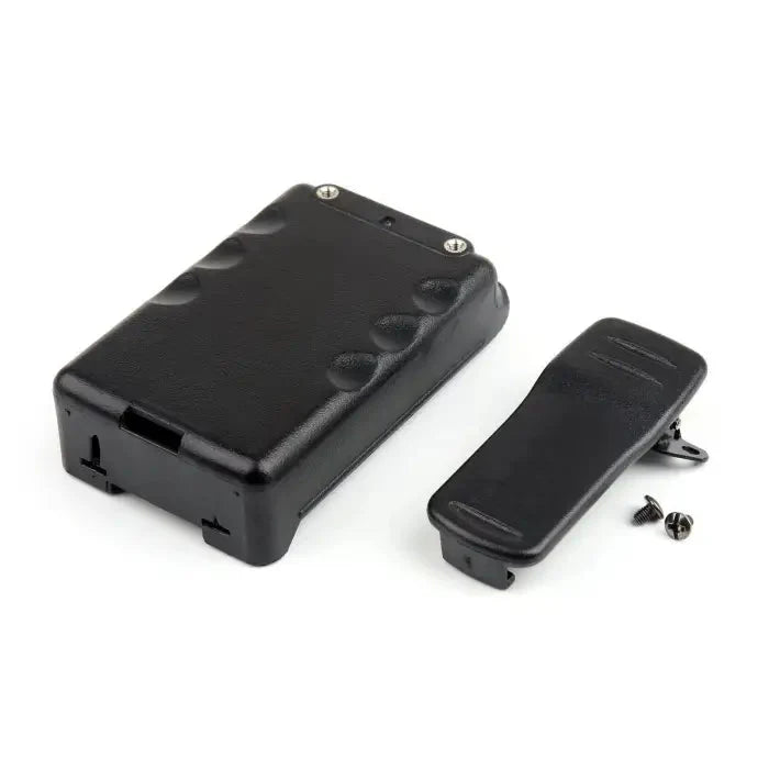 Black plastic electronic device with a detachable clip and small screws.