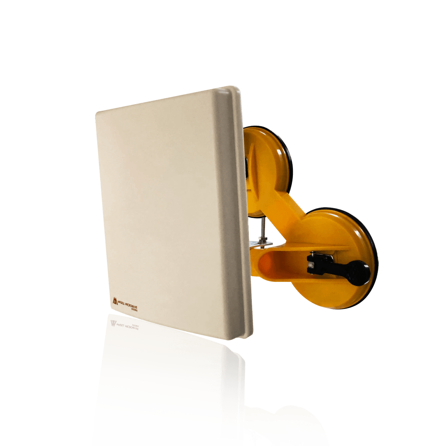 A yellow double suction cup glass lifter attached to a light-colored panel.
