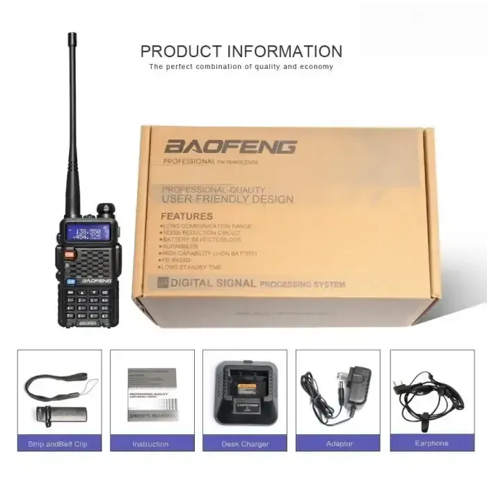Black handheld two-way radio with accessories.