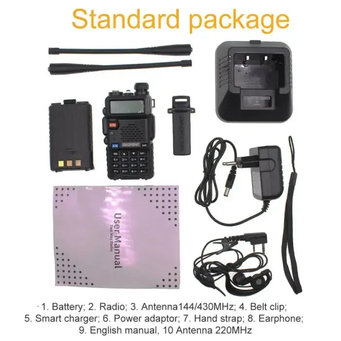 Walkie-talkie with accessories including two antennas, battery, charger, power adapter, belt clip, hand strap, earphone, and user manual.