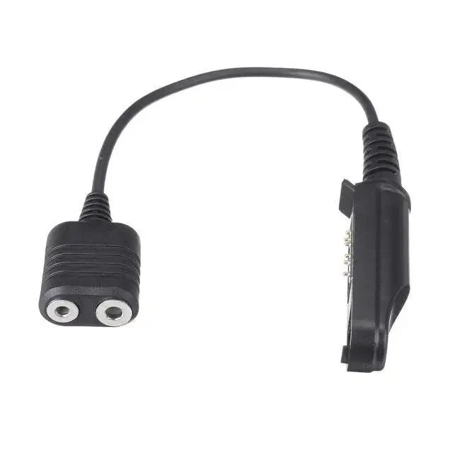 Black two-hole audio adapter.