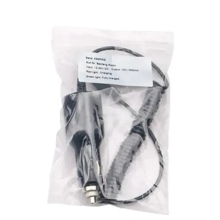 Car charger for Baofeng radios with a 12-24V DC input and 10V/500mA output, featuring red and green indicator lights for charging status.