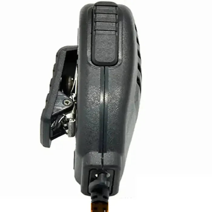Black two-way radio speaker microphone with a belt clip and coiled cable.