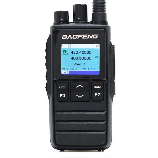 Black handheld two-way radio with a digital display.