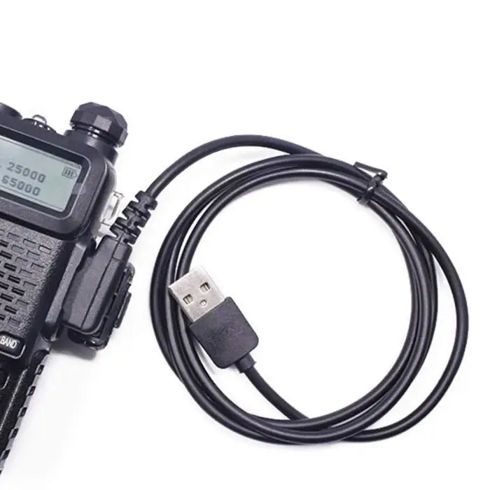 Black USB programming cable for a walkie-talkie.