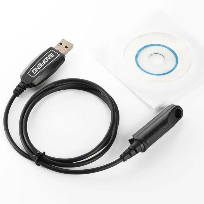 Black USB programming cable for Baofeng radios with a mini CD.
