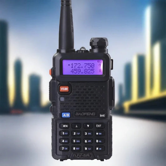 Black Baofeng UV-5R walkie-talkie with a purple backlit display.