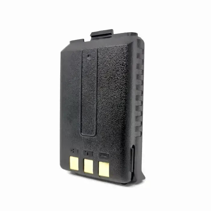 Black two-way radio battery pack with gold-colored contacts.