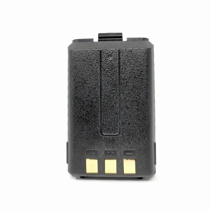 A black, rectangular, textured two-way radio battery with three gold contacts.