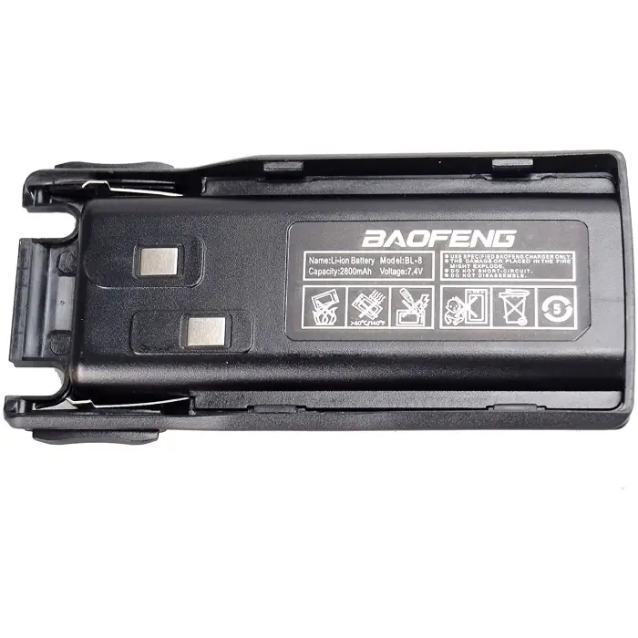 Black Baofeng Li-ion battery for two-way radios, model BL-8, 2800mAh, 7.4V.