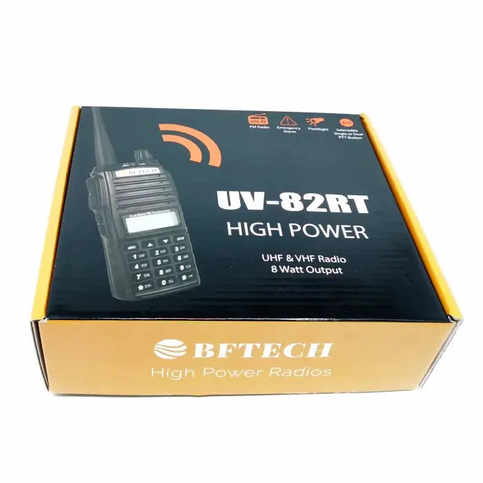Black walkie-talkie in a retail box with ’UV-82RT High Power’ branding.