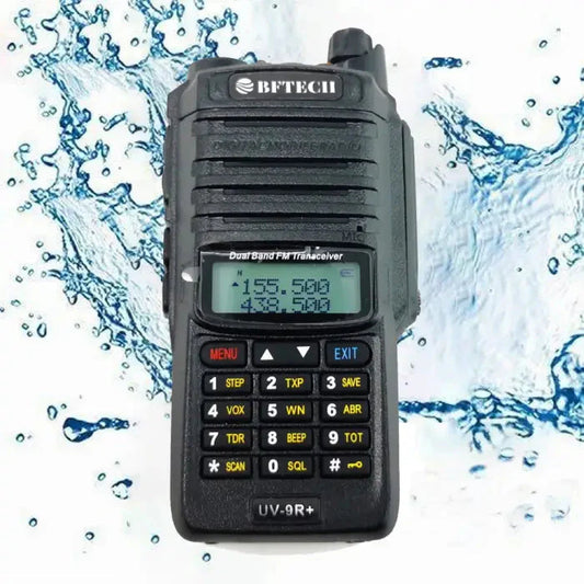 Water-resistant dual-band FM transceiver with a keypad and display.