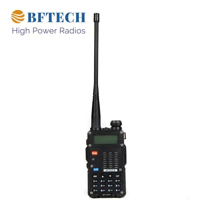Black handheld two-way radio with an antenna and alphanumeric keypad.