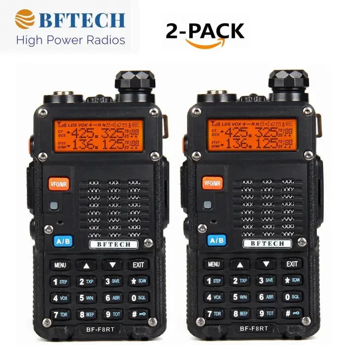 Two black high-power two-way radios with orange LCD screens and keypads.