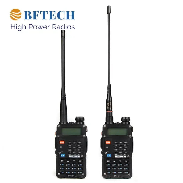 Two black handheld walkie-talkie radios with antennas.