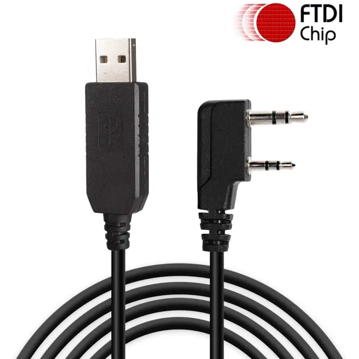 A black USB to dual-pin audio cable with an FTDI chip.