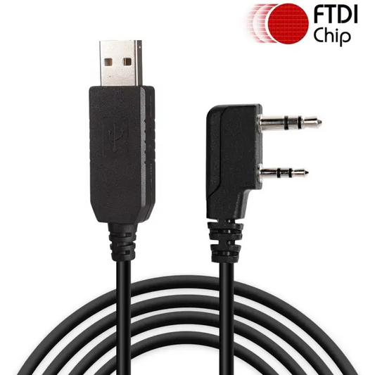 A black USB to dual-pin audio cable with an FTDI chip.