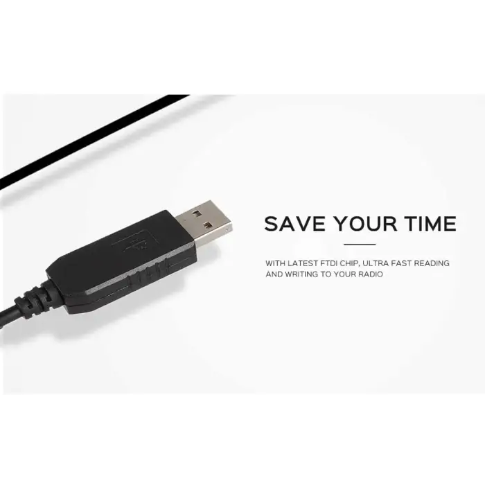Black USB programming cable with FTDI chip.