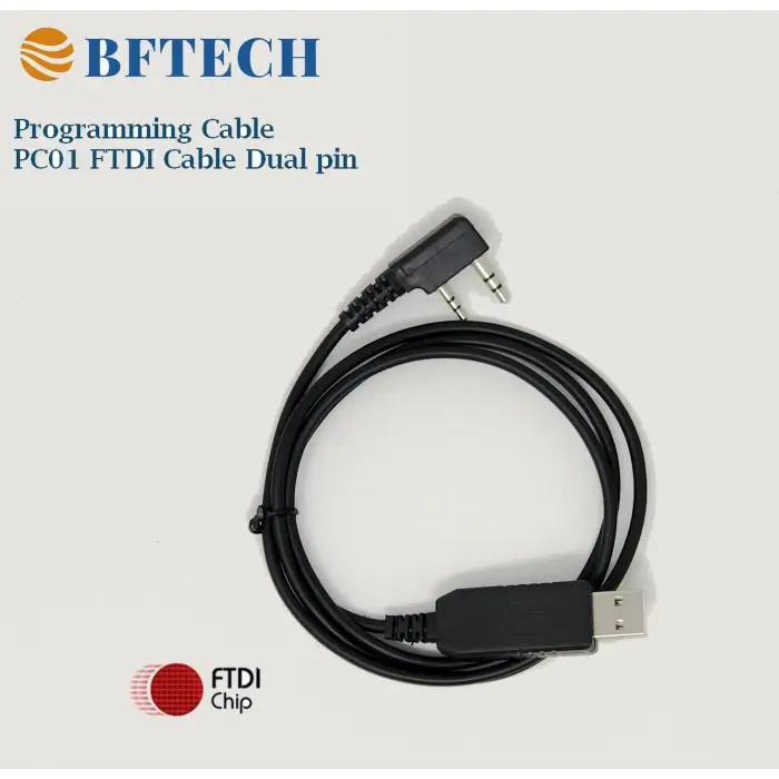 Black USB programming cable with dual-pin connector.