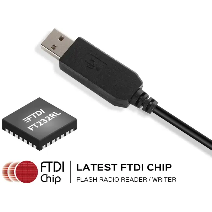 Black USB to serial cable with an FTDI chip.