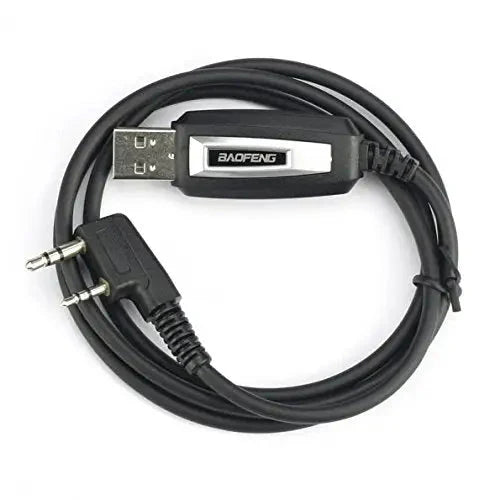 Black Baofeng programming cable with USB and dual-pin K-type connectors