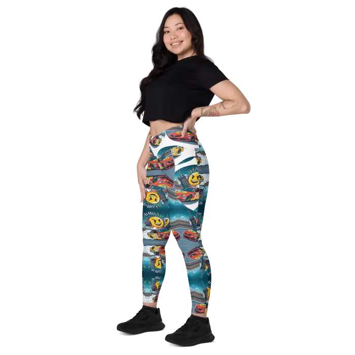 Woman wearing patterned leggings.