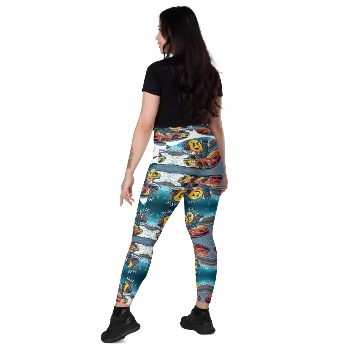 Woman wearing patterned leggings.