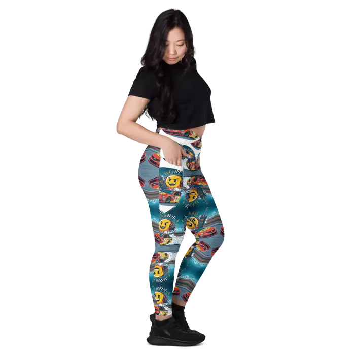 Woman wearing patterned leggings.