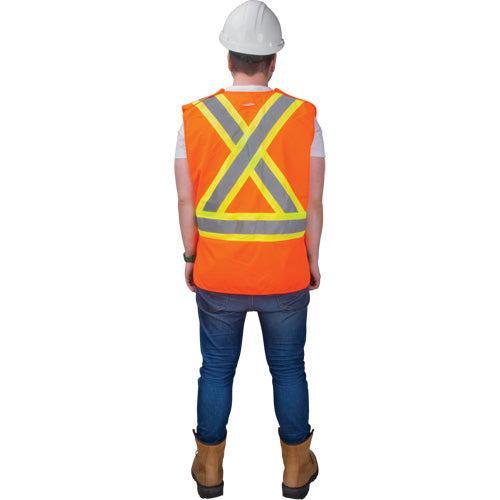 Orange reflective safety vest worn by a person.