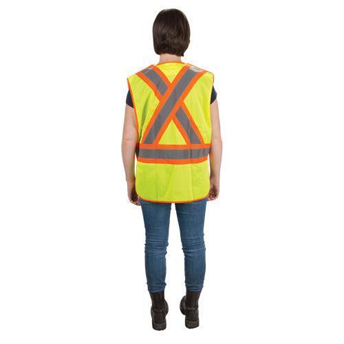 A neon yellow safety vest with orange and reflective grey X-shaped stripes on the back.