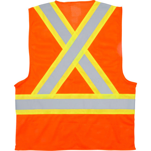 Orange high-visibility safety vest with reflective X-pattern and horizontal stripe
