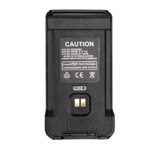 Black battery pack with caution label.