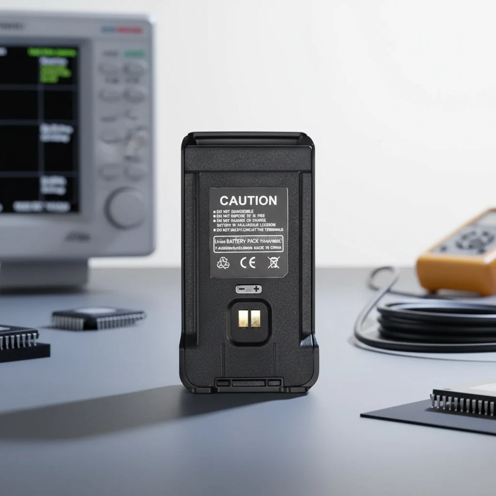 Black battery pack with caution label.