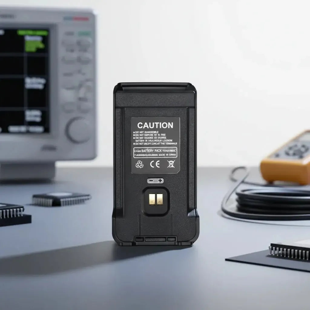 Black battery pack with caution label.