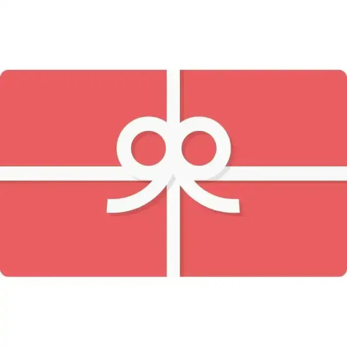 Red gift card with white ribbon.