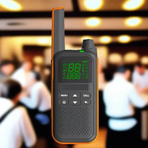 Orange-trimmed black walkie-talkie.