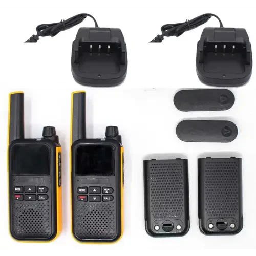 Two yellow-trimmed walkie-talkies with charging docks and batteries.