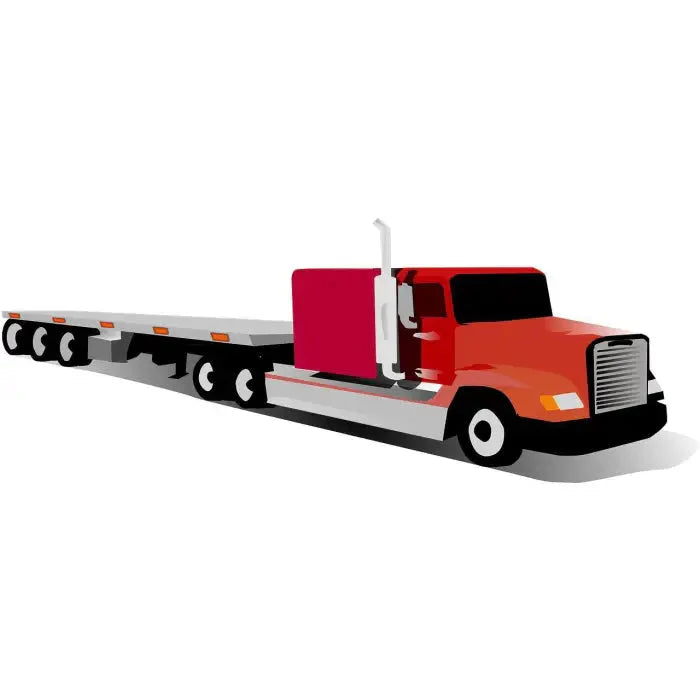 Red and white semi-truck with a flatbed trailer.