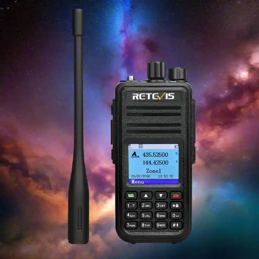 Black handheld two-way radio with antenna.