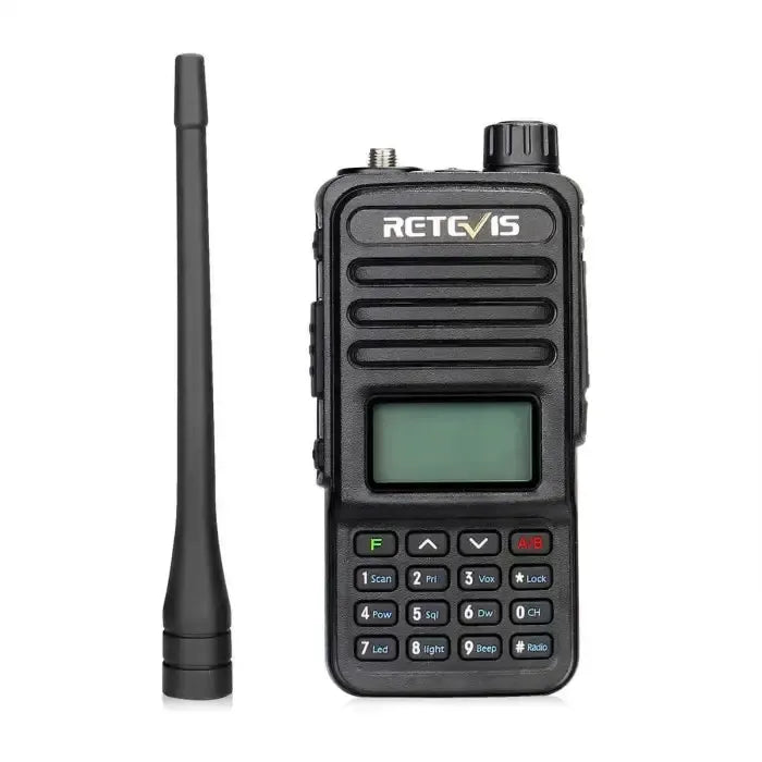 Handheld two-way radio with antenna and digital display.