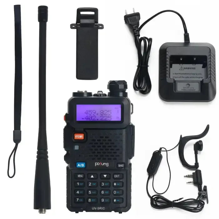 Black two-way radio with accessories