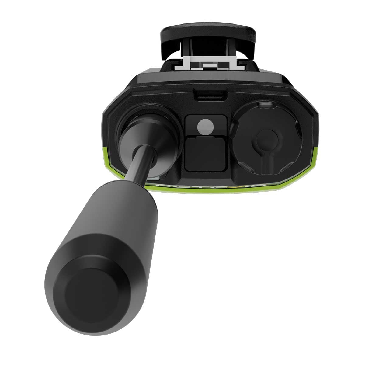 A handheld, black and lime green electronic device with a removable black probe extending from its side.