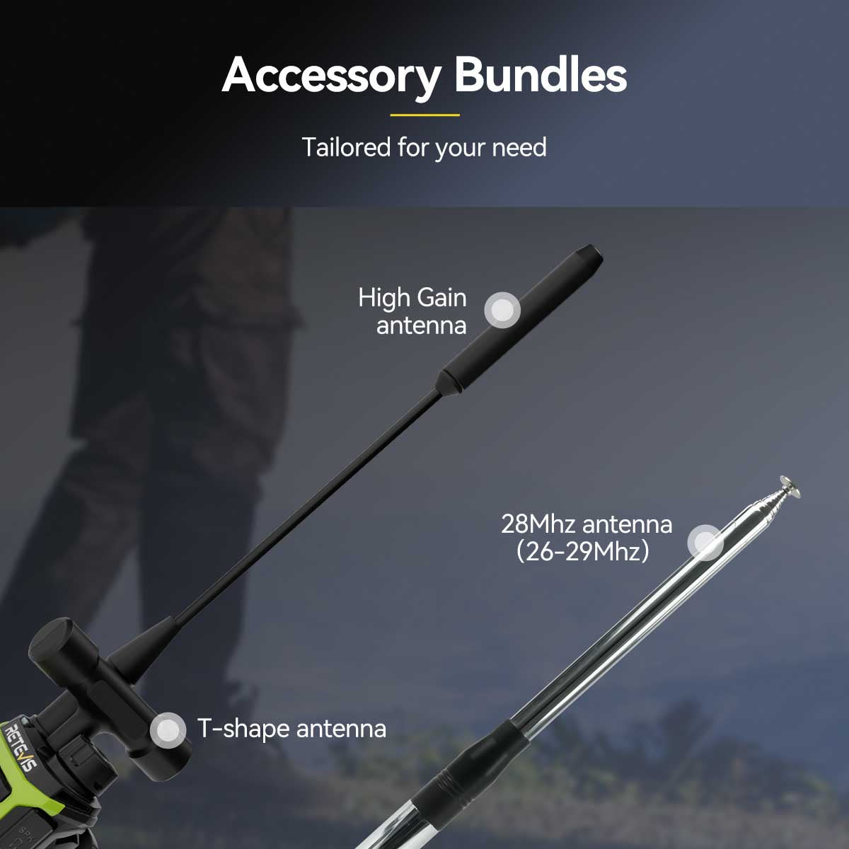 Various radio antennas for different frequency ranges and purposes.