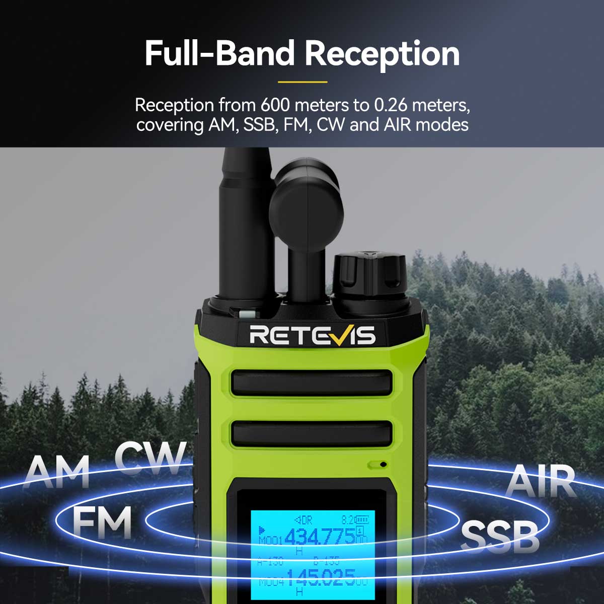 A full-band reception walkie-talkie covering AM, SSB, FM, CW, and AIR modes.