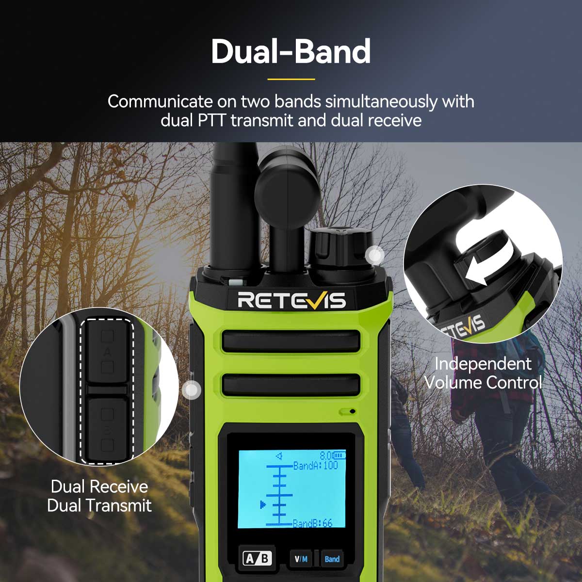 A lime green and black dual-band walkie-talkie with independent volume control and dual transmit/receive buttons.